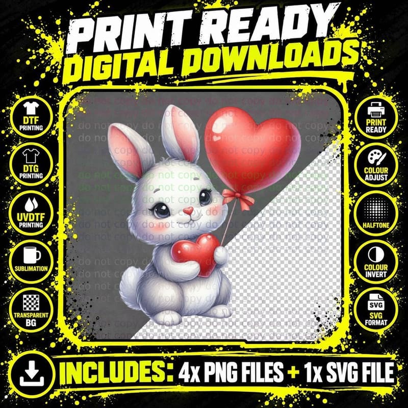 Bunny Balloon White Red Heart Pink Romantic T-Shirt Png SVG Digital Bundle