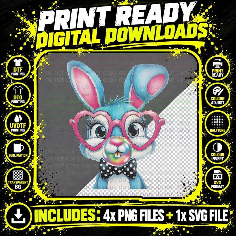 Bunny Blowing Bubblegum Easter T-Shirt Png SVG Digital Bundle