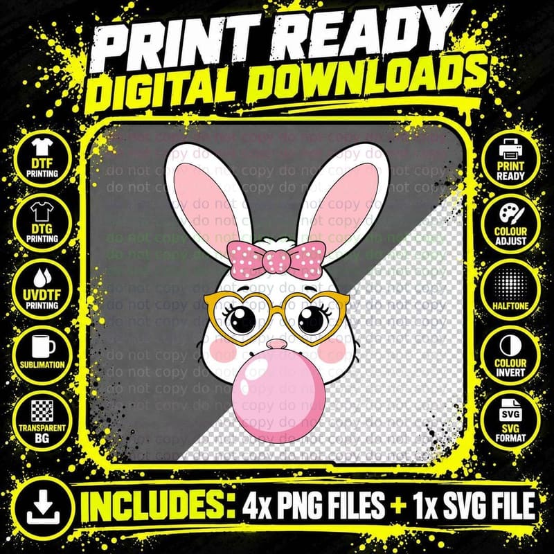 Bunny Blowing Bubblegum with Glasses Easter T-Shirt Png SVG Digital Bundle