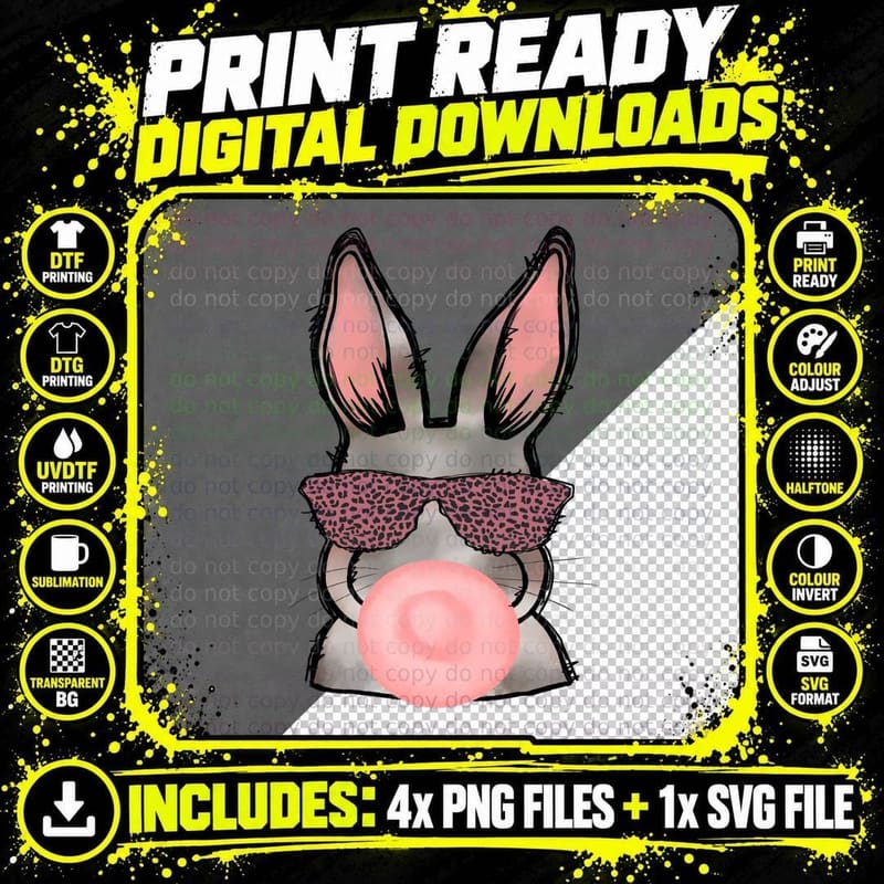 Bunny Blowing Bubblegum with Sunglasses Easter T-Shirt Png SVG Digital Bundle