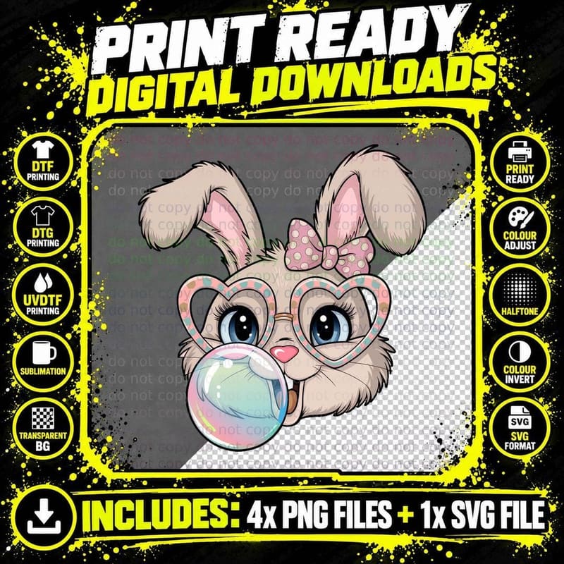Bunny Blowing Bubbles Easter T-Shirt, Easter Graphic Tee Png SVG Digital Bundle