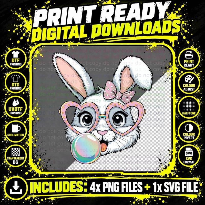 Bunny Blowing Bubbles with Heart Glasses Easter T-Shirt Png SVG Digital Bundle