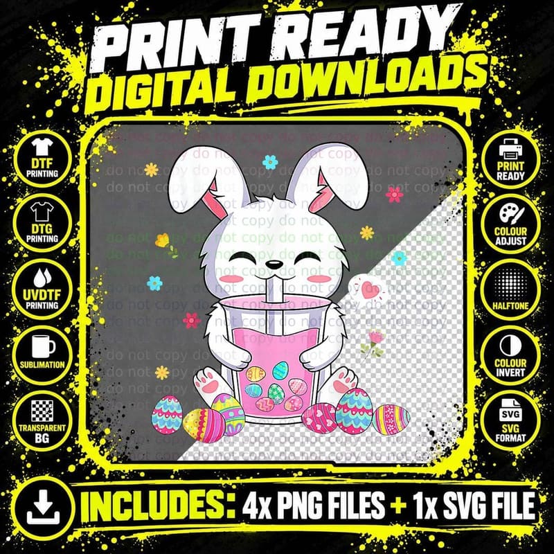 Bunny Drinking Boba Easter Egg Bubble Tea Anime Rabbit Png SVG Digital Bundle