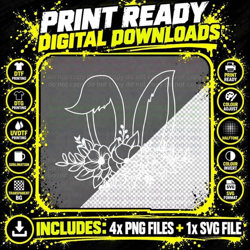 Bunny Ears Floral Crown Easter T-Shirt Png SVG Digital Bundle