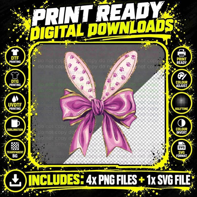 Bunny Ears with Paw Prints & Bow Tie Easter T-Shirt Png SVG Digital Bundle