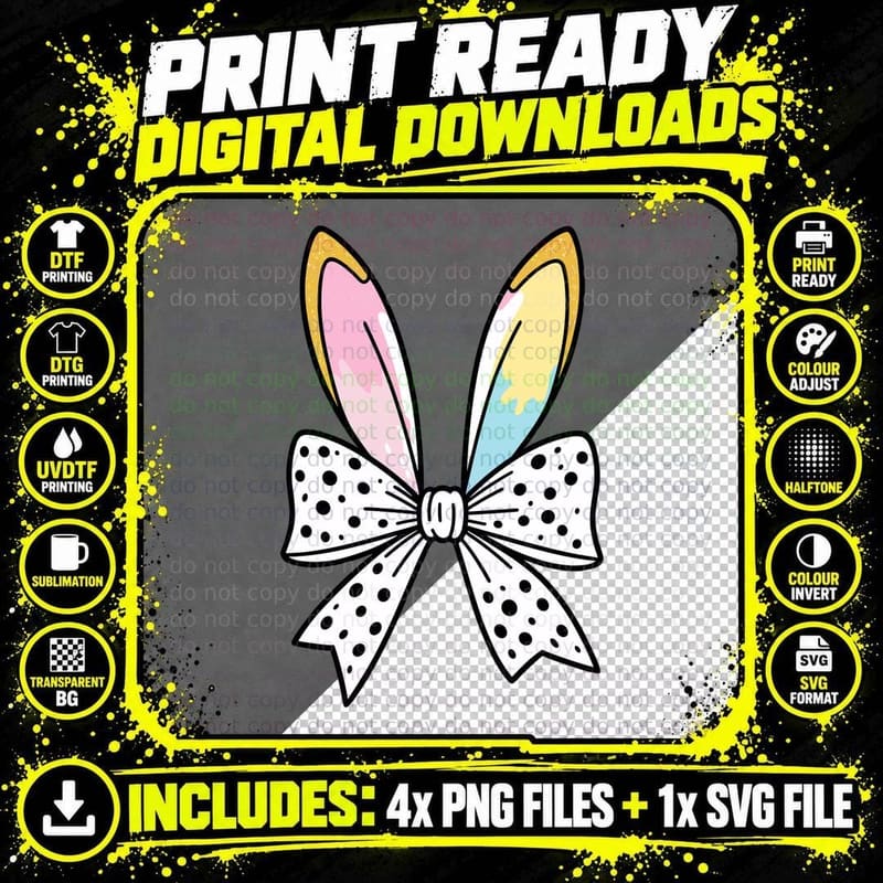 Bunny Ears with Polka Dot Bow Easter T-Shirt Png SVG Digital Bundle