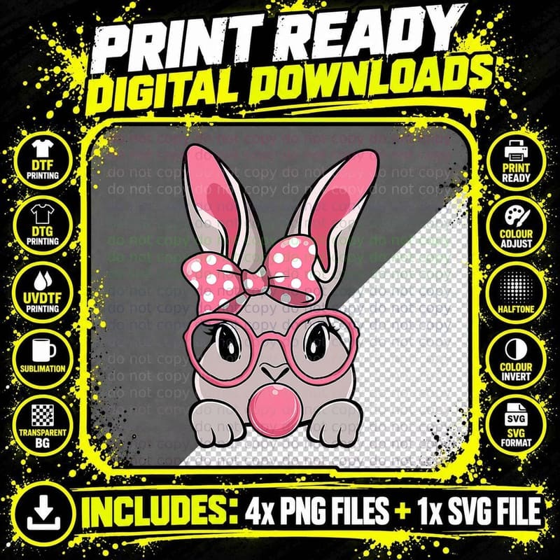 Bunny Face Bow Tie Headband Glasses Bubblegum Easter Day Png SVG Digital Bundle