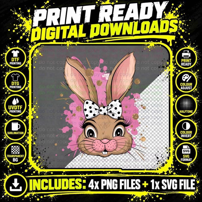 Bunny Face with Bow Easter T-Shirt, Easter Graphic Tee Png SVG Digital Bundle