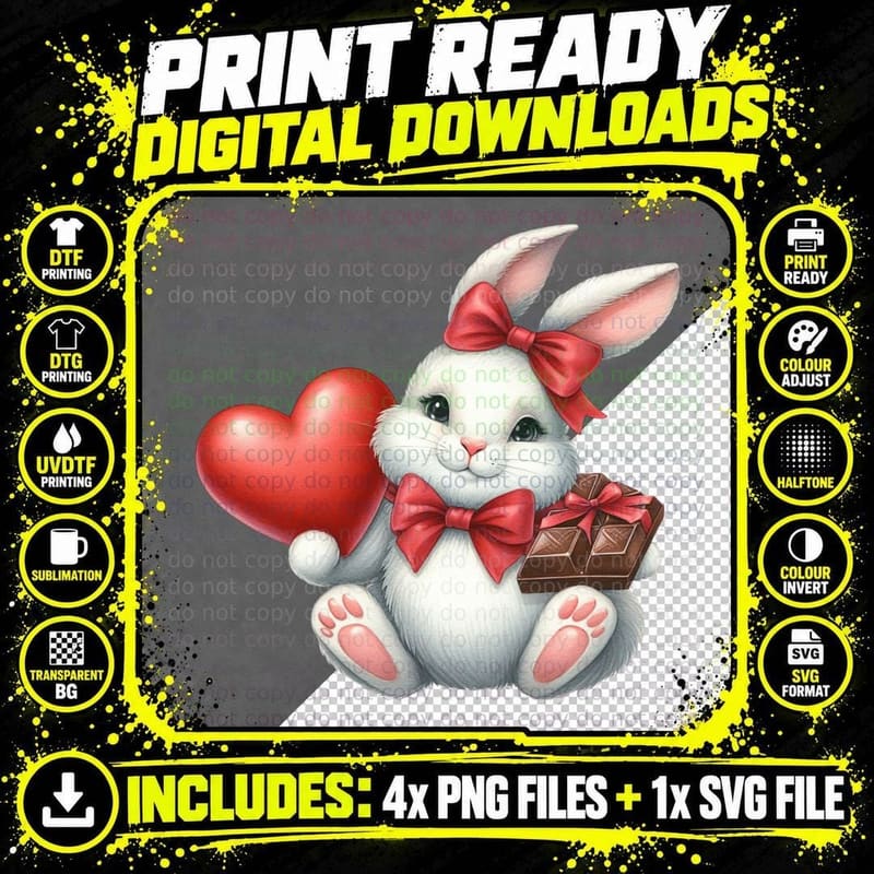 Bunny Gift White Red Heart Chocolate Box T-Shirt Png SVG Digital Bundle