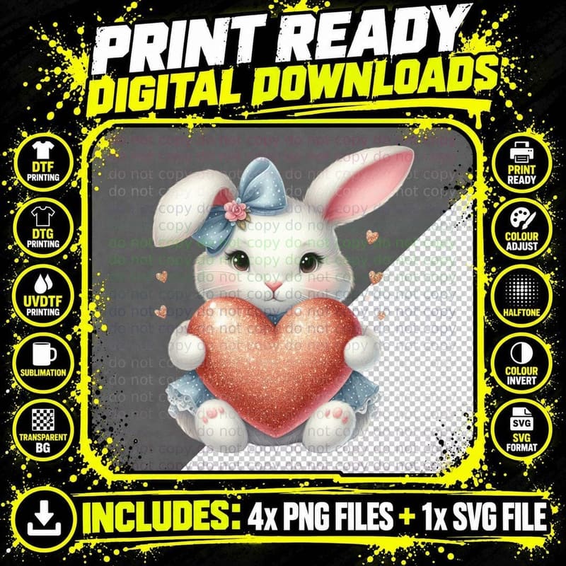 Bunny Glitter Heart White Gold Sparkle Blue Bow Cute Png SVG Digital Bundle