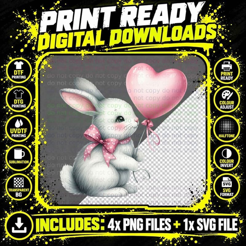 Bunny Heart Balloon White Pink Cute Romantic T-Shirt Png SVG Digital Bundle
