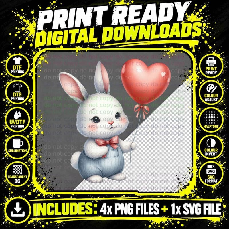 Bunny Heart Balloon White Red Pink Ribbon Cute T-Shirt Png SVG Digital Bundle