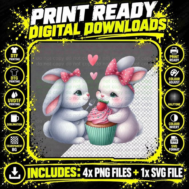 Bunny Heart White Large Pink Blue Bow Romantic T-Shirt Png SVG Digital Bundle