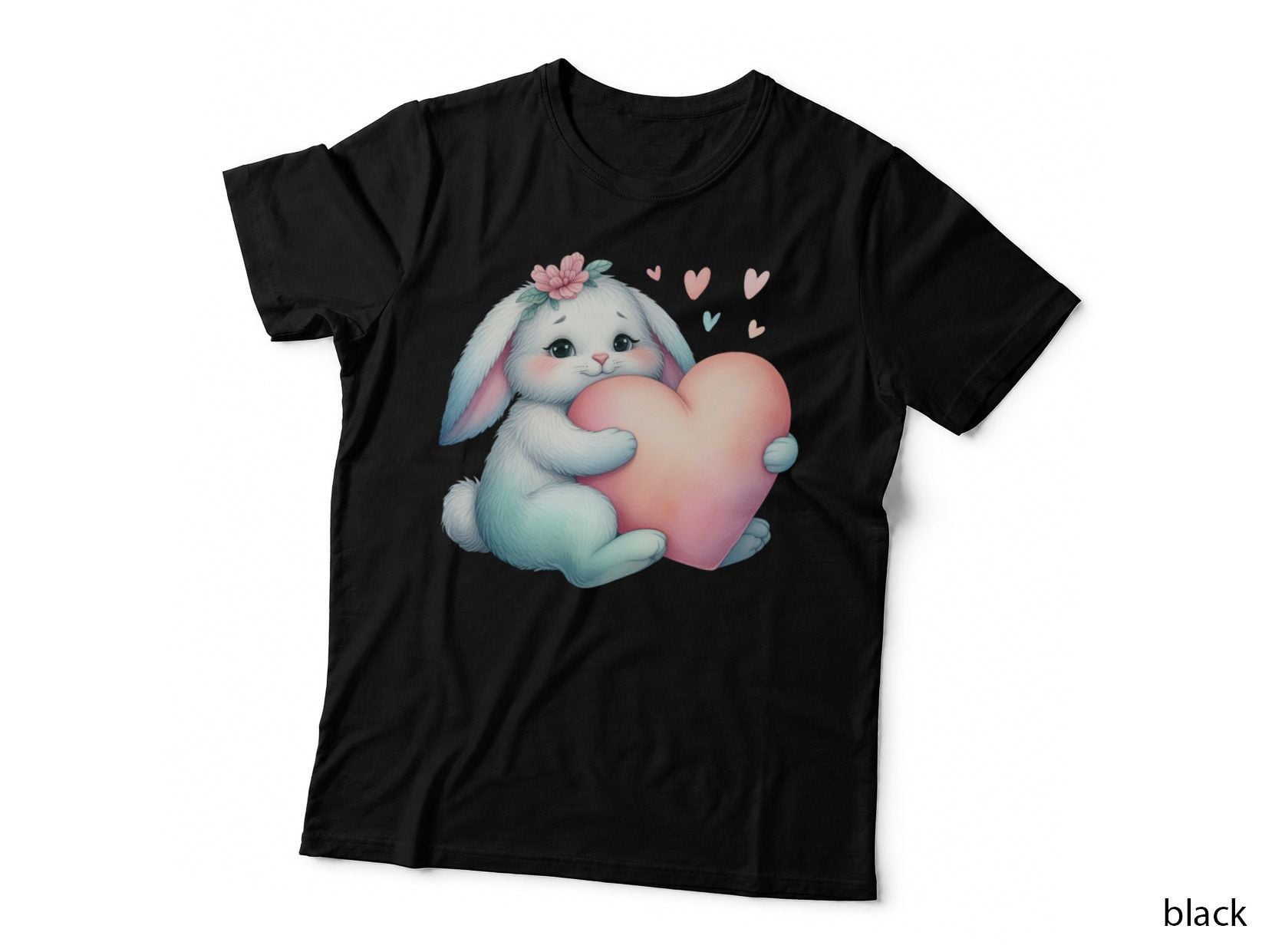 Bunny Large Heart White Pink Flowers Cute T-Shirt