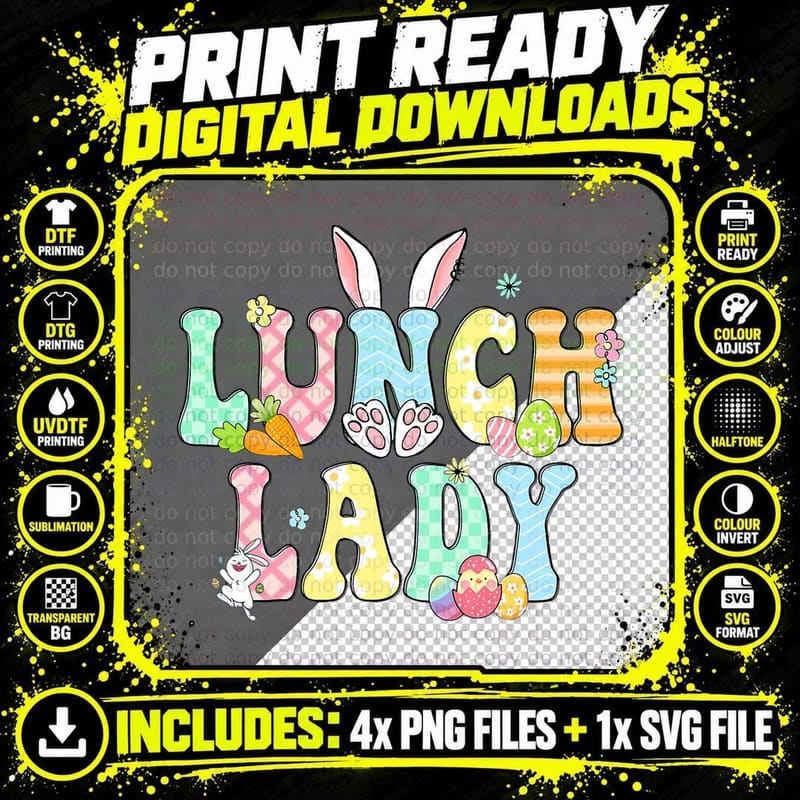 Bunny Lunch Lady Funny Egg Easter Day Floral T-Shirt Png SVG Digital Bundle