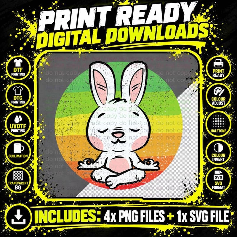 Bunny Meditating Yoga Easter Cute Rabbit Meditation Zen Png SVG Digital Bundle
