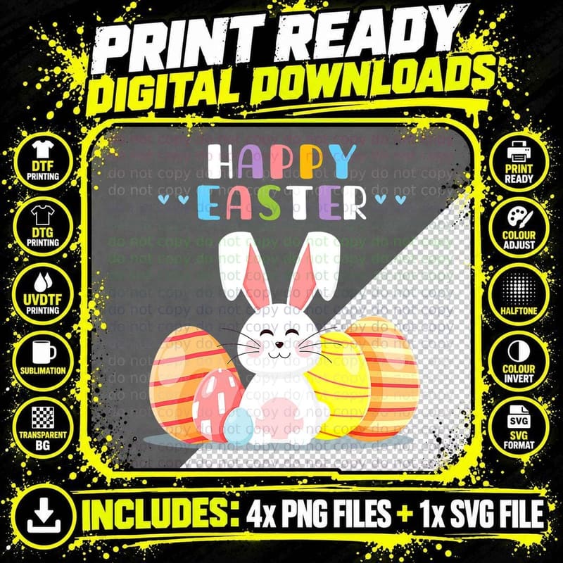 Bunny Pastel Spring Hunt Eggs Rabbit Happy Easter Day Png SVG Digital Bundle
