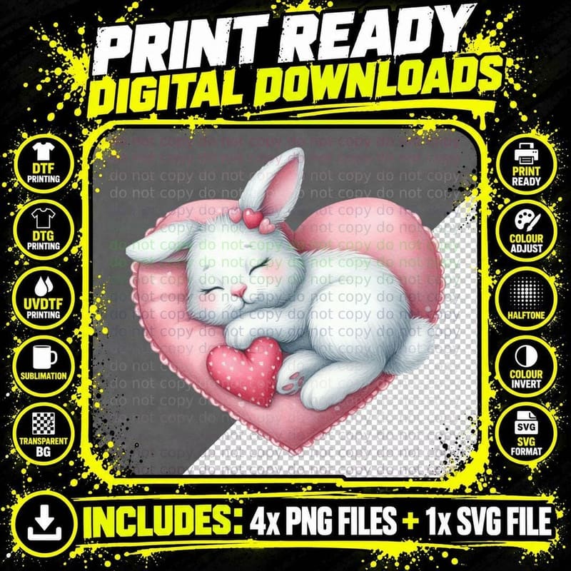 Bunny Pink Heart White Balloon Ribbon Cute T-Shirt Png SVG Digital Bundle