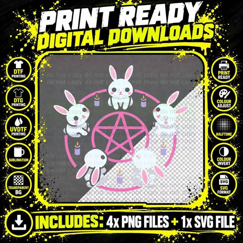 Bunny Rabbit Pentacle Pentagram Pink Pastel Goth Dark Png SVG Digital Bundle