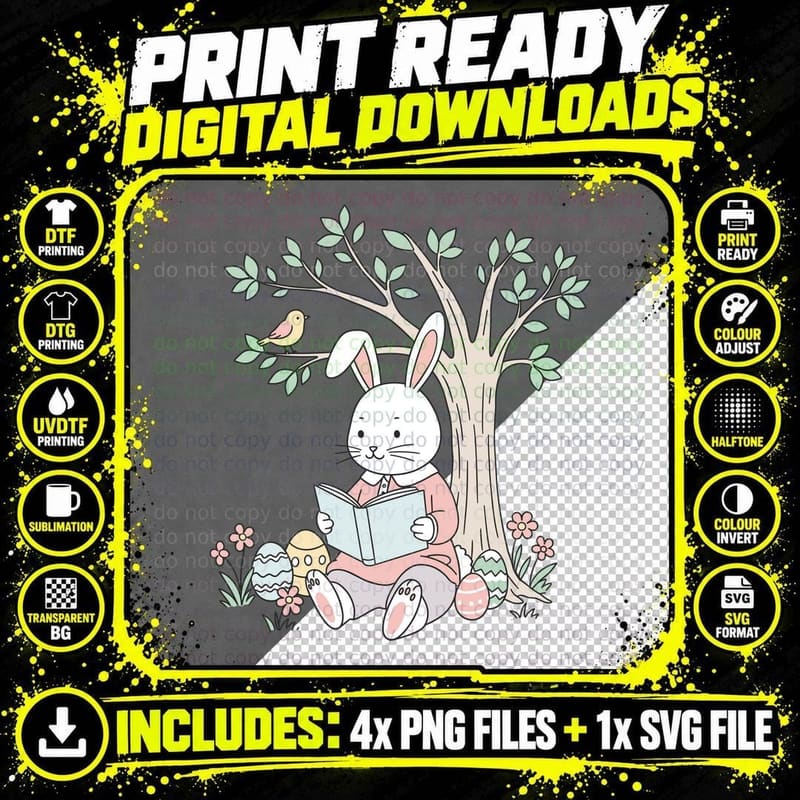 Bunny Reading Under Tree with Eggs Easter T-Shirt Png SVG Digital Bundle