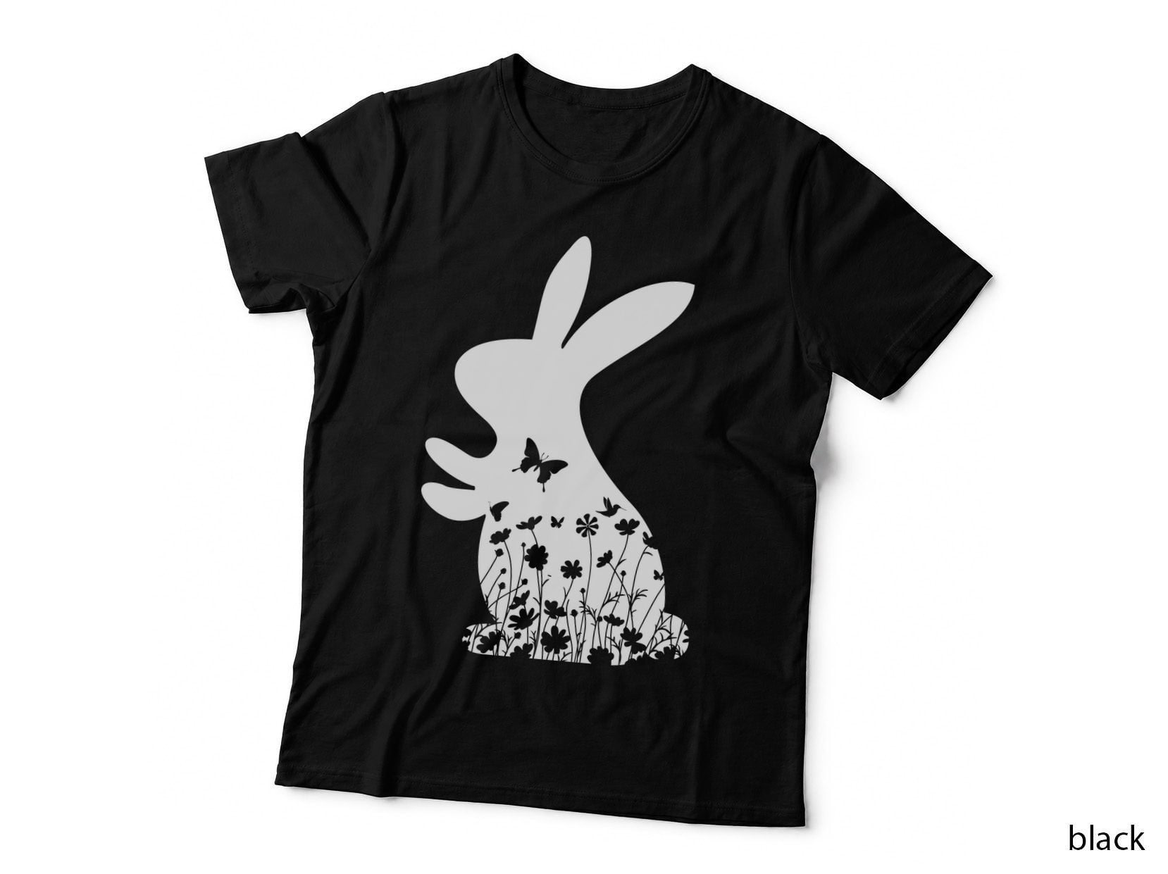 Bunny Silhouette with Butterflies and Flowers Easter T-Shirt