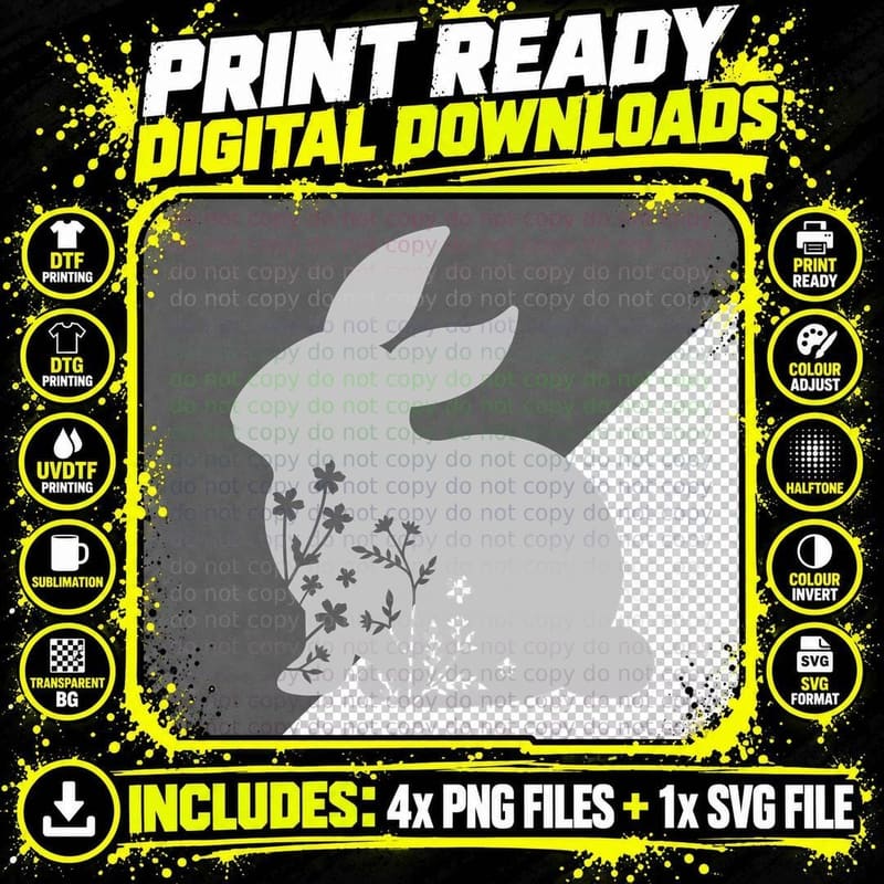 Bunny Silhouette with Flowers Easter T-Shirt Png SVG Digital Bundle