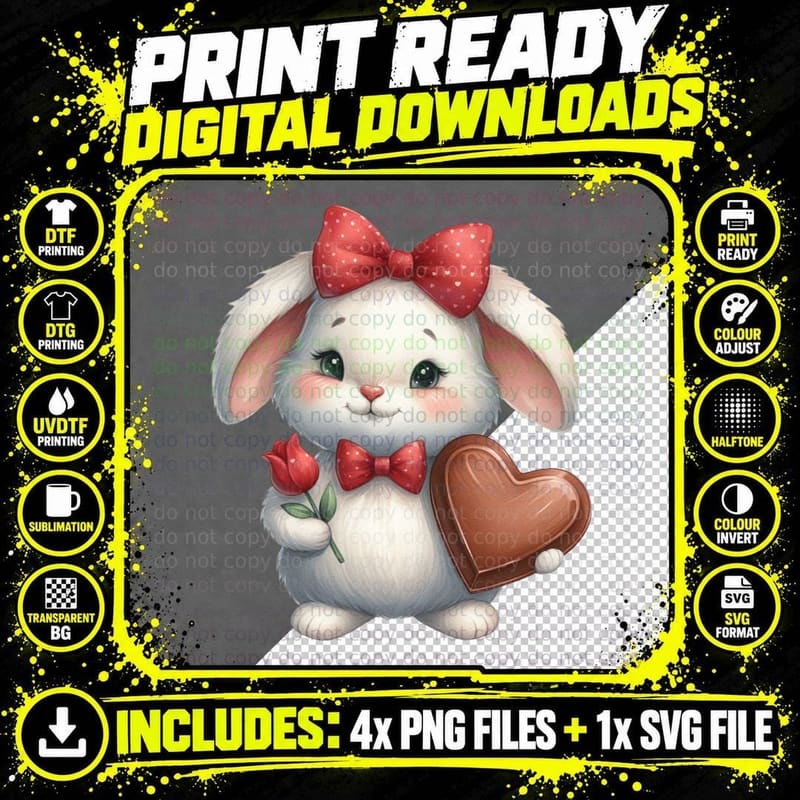 Bunny Tulip White Pink Bow Red Romantic T-Shirt Png SVG Digital Bundle