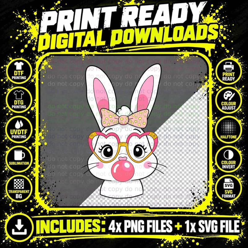 Bunny Wearing Glasses and Bubblegum Easter T-Shirt Png SVG Digital Bundle