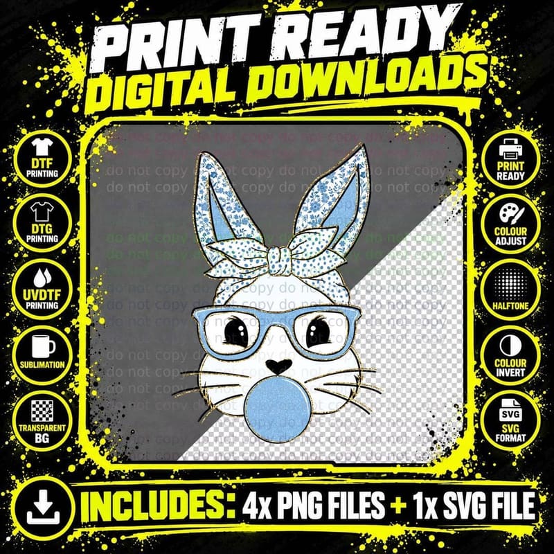 Bunny Wearing Glasses with Bow Easter T-Shirt Png SVG Digital Bundle