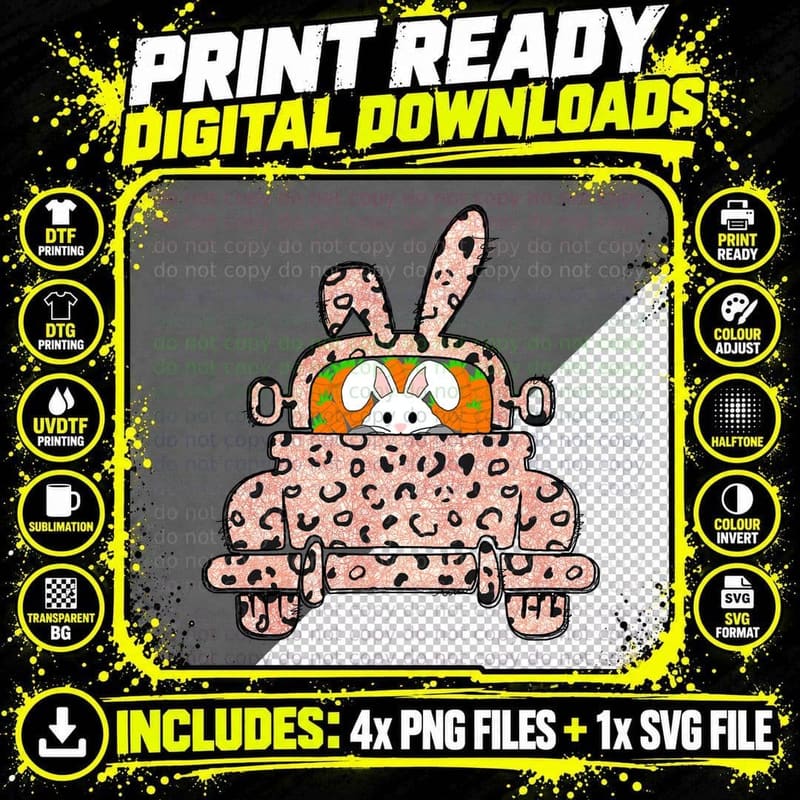 Bunny in Leopard Car Easter T-Shirt, Easter Graphic Tee Png SVG Digital Bundle