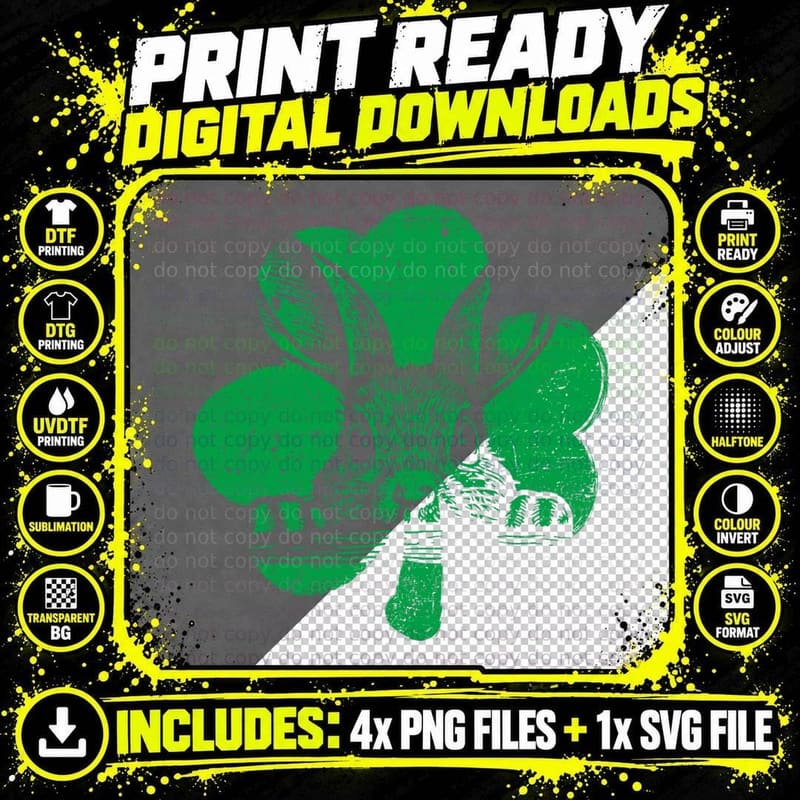 Bunny on Four Leaf Green Clover St Patricks Day Men Png SVG Digital Bundle