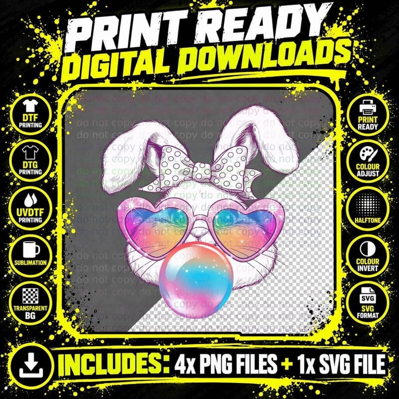 Bunny with Bow Heart Glasses Bubble Easter T-Shirt Png SVG Digital Bundle