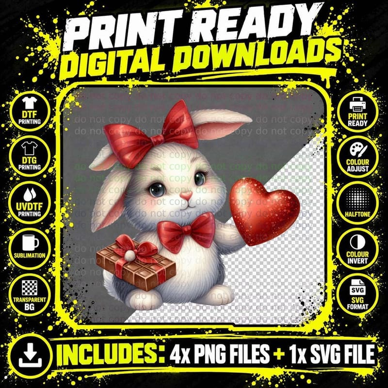 Bunny with Bow White Red Ribbon Heart Cute T-Shirt Png SVG Digital Bundle