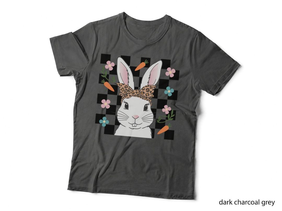 Bunny with Leopard Bow on Checkered Background Easter T-Shirt