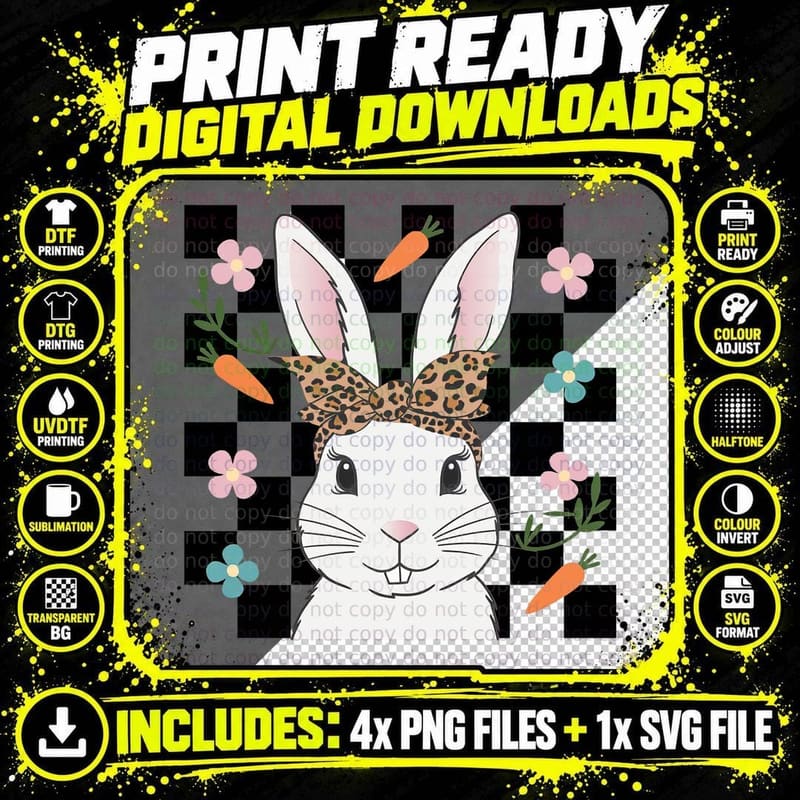Bunny with Leopard Bow on Checkered Background Easter Png SVG Digital Bundle