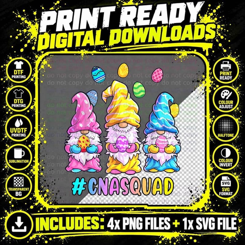 CNA Squad Happy Easter Funny Gnomes Egg Hunt Colorful Png SVG Digital Bundle