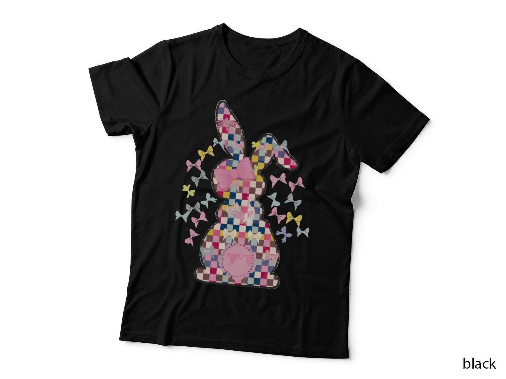Checkerboard Bunny with Bows Easter T-Shirt, Easter Graphic Tee