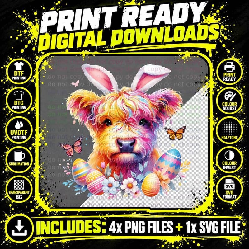Colorful Dog with Bunny Ears Surrounded by Easter Png SVG Digital Bundle