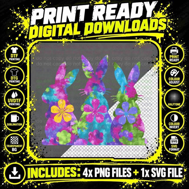 Colorful Easter Bunnies with Flowers Easter T-Shirt Png SVG Digital Bundle
