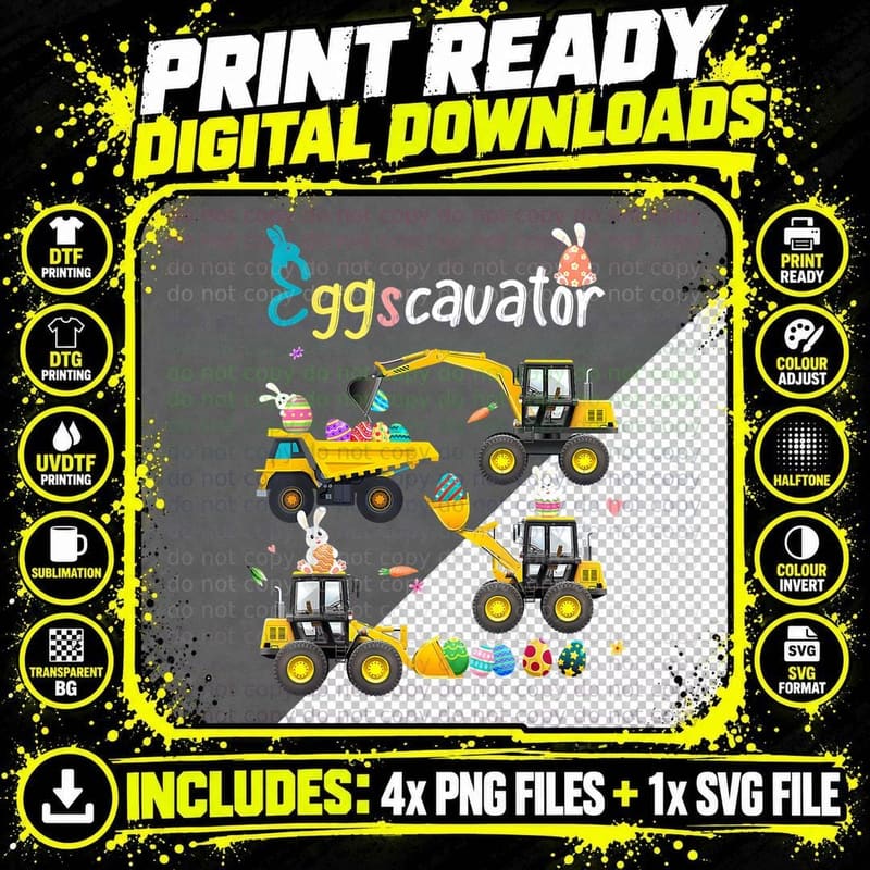 Construction Excavator Easter Day Egg Hunt for Boys Png SVG Digital Bundle