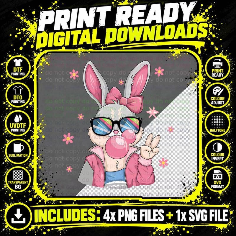 Cool Bunny Blowing Bubblegum Easter T-Shirt Png SVG Digital Bundle