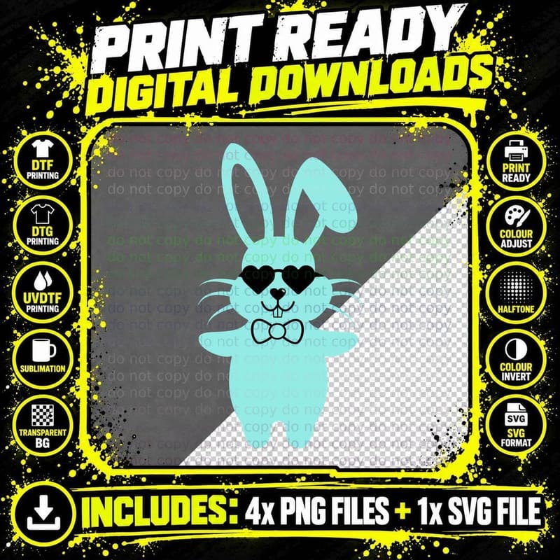 Cool Bunny in Heart Glasses Easter T-Shirt Png SVG Digital Bundle