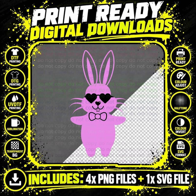 Cool Bunny in Heart Sunglasses Easter T-Shirt Png SVG Digital Bundle