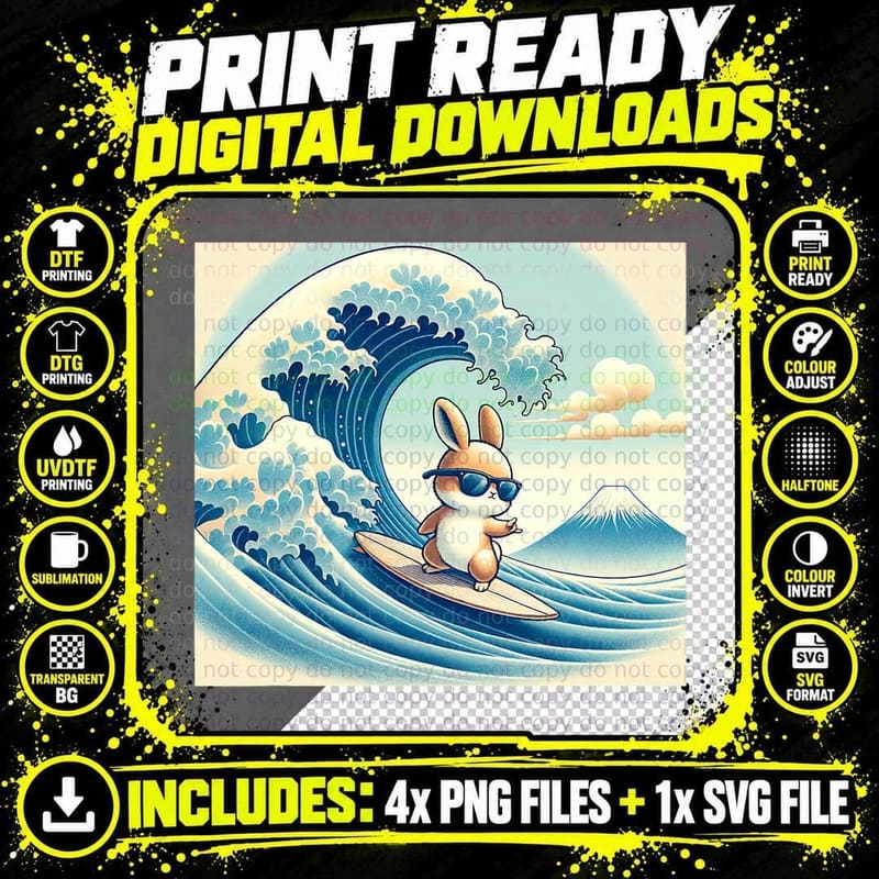 Cool Surfing Bunny Rabbit - Japanese Great Big Wave Png SVG Digital Bundle