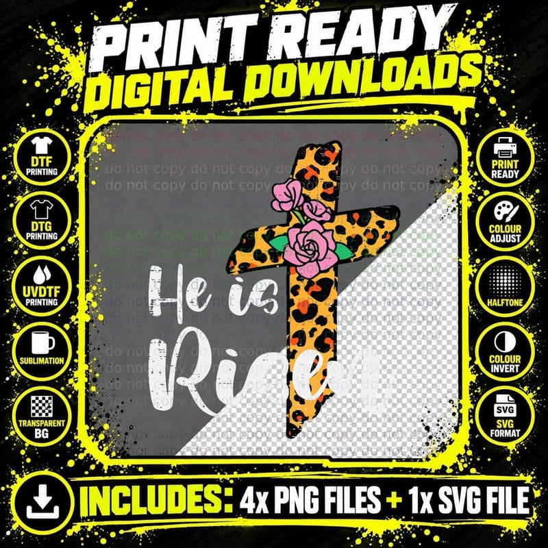 Cross Flower He Is Risen Christ Easter Jesus Religious Png SVG Digital Bundle