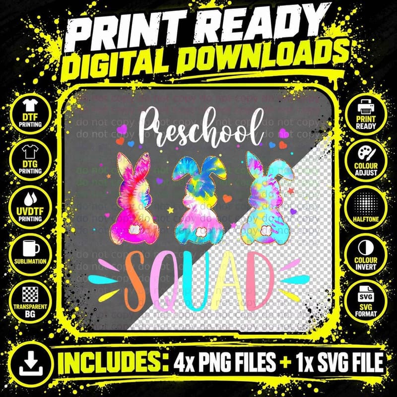 Cute Bunnies Preschool Teacher Squad Easter Day Tie Dye Png SVG Digital Bundle