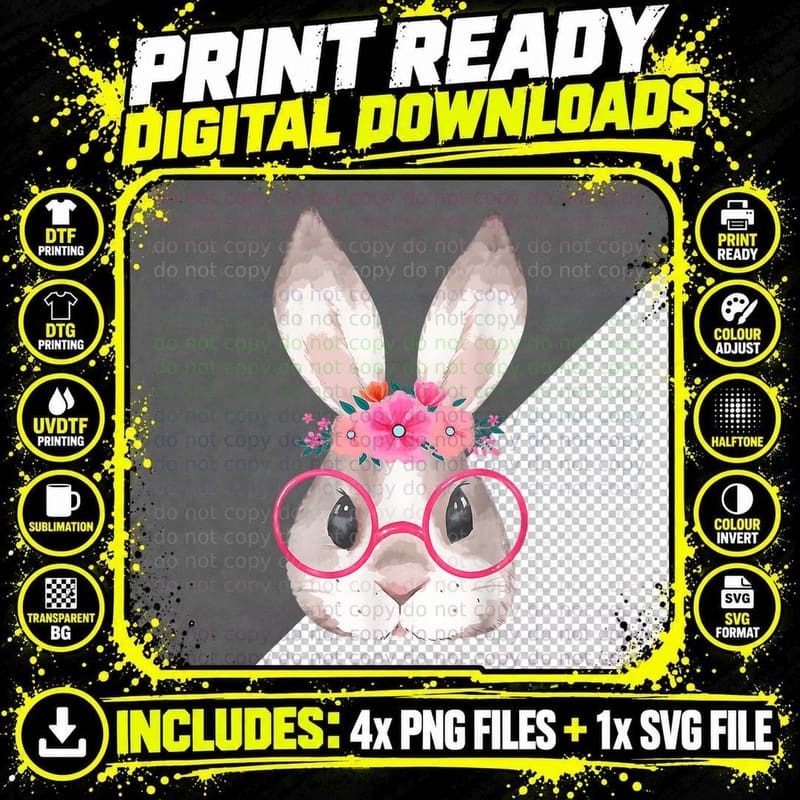 Cute Bunny Face Glasses Floral Rabbit Girls Happy Easter Png SVG Digital Bundle