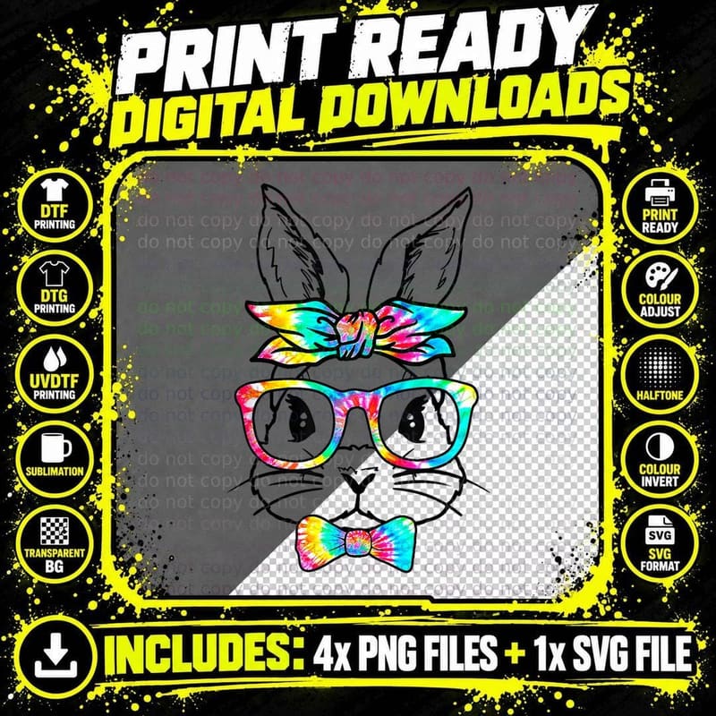Cute Bunny Face Tie Dye Glasses Headband Happy Easter Png SVG Digital Bundle