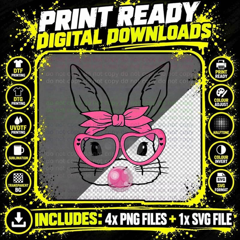 Cute Bunny Heart Glasses Bubblegum for Women Kids Easter Png SVG Digital Bundle