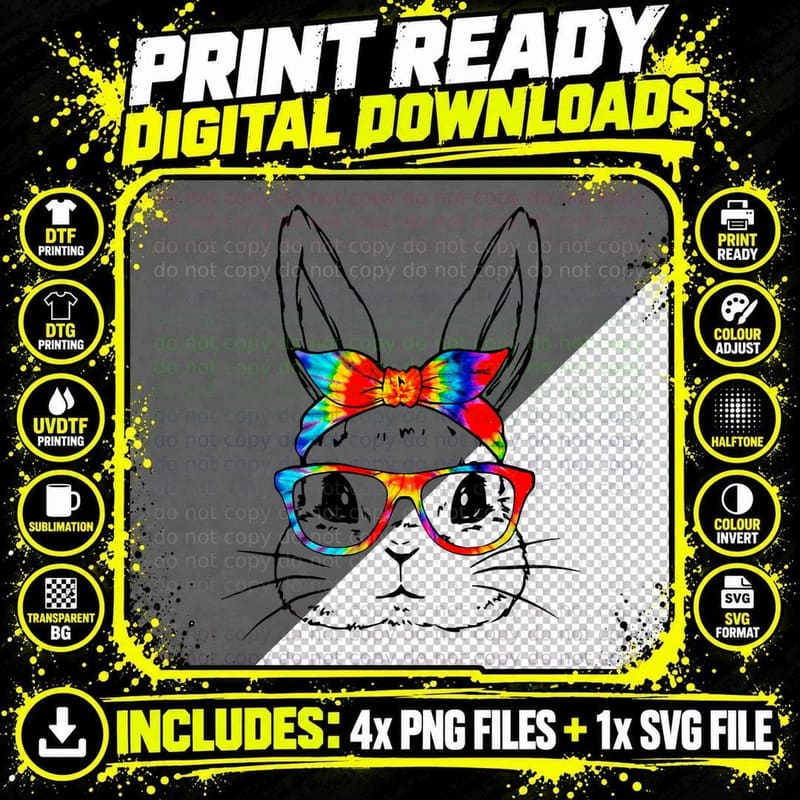 Cute Bunny Rabbit Face Tie Dye Glasses Girl Happy Easter Png SVG Digital Bundle